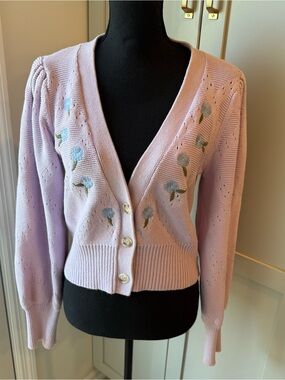 Design History Lavender Cropped Cardigan Floral Embroidery Soft Girl Spring Sz M